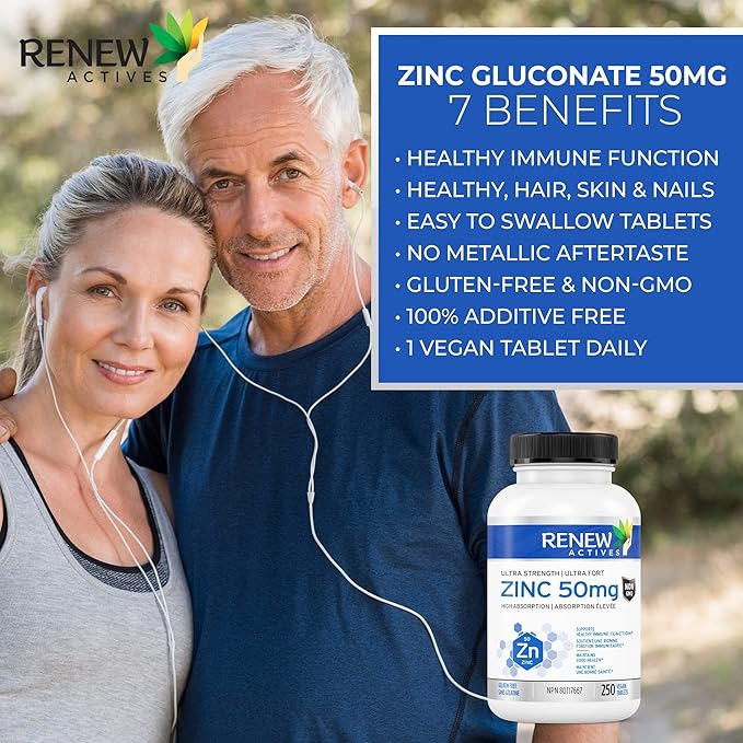 Renew Actives Zinc Supplements 50MG per Serving - Essential for Immune Health, Strong Bones & Promoting Healthy Hair, Nails & Glowing Skin for Daily Use - Made in Canada - 250 Tablets