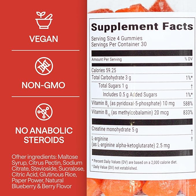 Creatine Monohydrate Gummies 5g with Vitamins B6, B12 - Boost Strength & Recovery with Creatine Chewables - Tasty Creatine for Men Muscle Gain - Creatina Monohidratada en Gomitas - 120 Creatine Gummys
