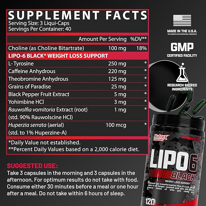 Nutrex Lipo-6 Black Max Strength Fat Burner - Fast Acting Energy, Weight Loss Diet Pills – Appetite Suppressant, Metabolism Booster - 120 Capsules