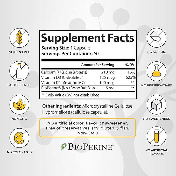 Vitamin D3 K2 Supplement, 5000 IU - Supports Immune and Cardiac Wellness, High Potency, Gluten Free, 60 Capsules