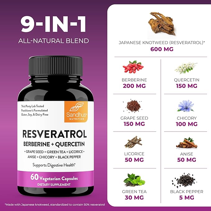 Resveratrol with Berberine for Gut Health | Digestive Supplement for Women and Men | Quercetin, Green Tea, Star Anise, DGL & Grape Seed Extract | 120 Vegetarian Capsules for Adults