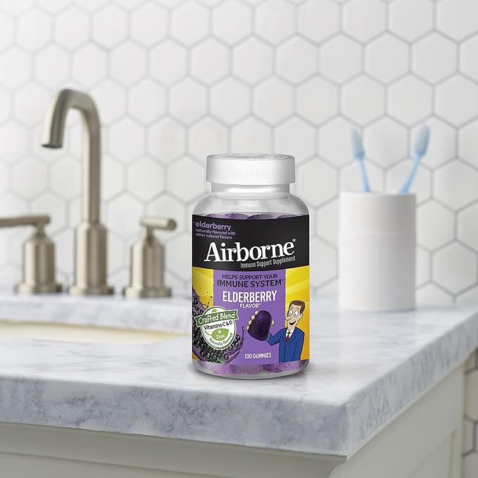 Airborne Elderberry + Zinc & Vitamin C Gummies for Adults, Immune Support Vitamin D & Zinc Gummies with Powerful Antioxidant Vitamins C D & E - 130 Gummies, Elderberry Flavor