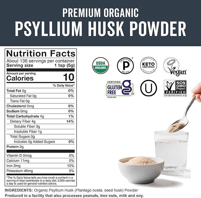 Viva Naturals Organic Psyllium Husk Powder, 24 oz - Finely Ground, Unflavored Plant Based Superfood - Good Source of Fiber for Gluten-Free Baking, Juices & Smoothies - Certified Vegan, Keto and Paleo