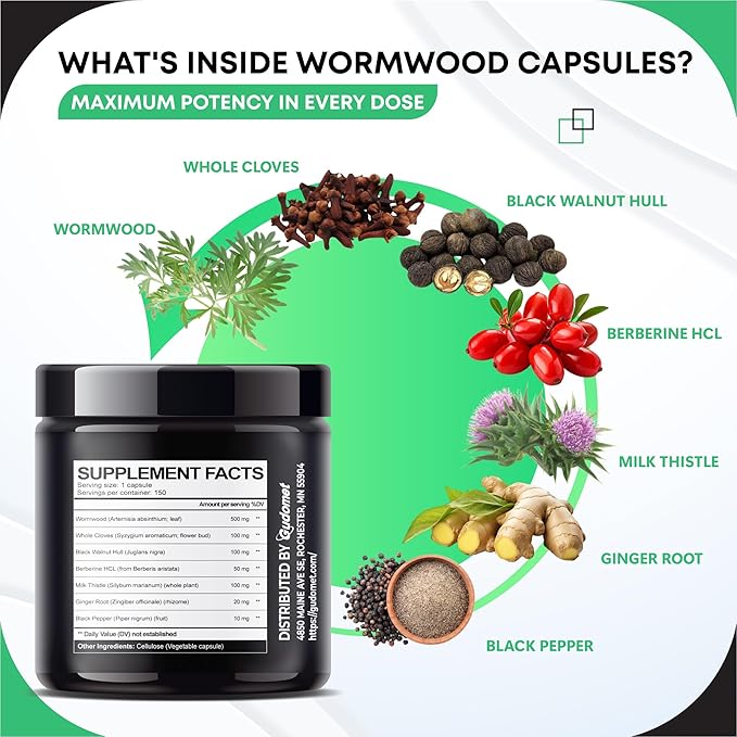 Wormwood with Black Walnut Whole Cloves Berberine Milk Thistle Ginger - Support Digestion Health, Support Liver Cleanse -150 Capsules- Made in USA