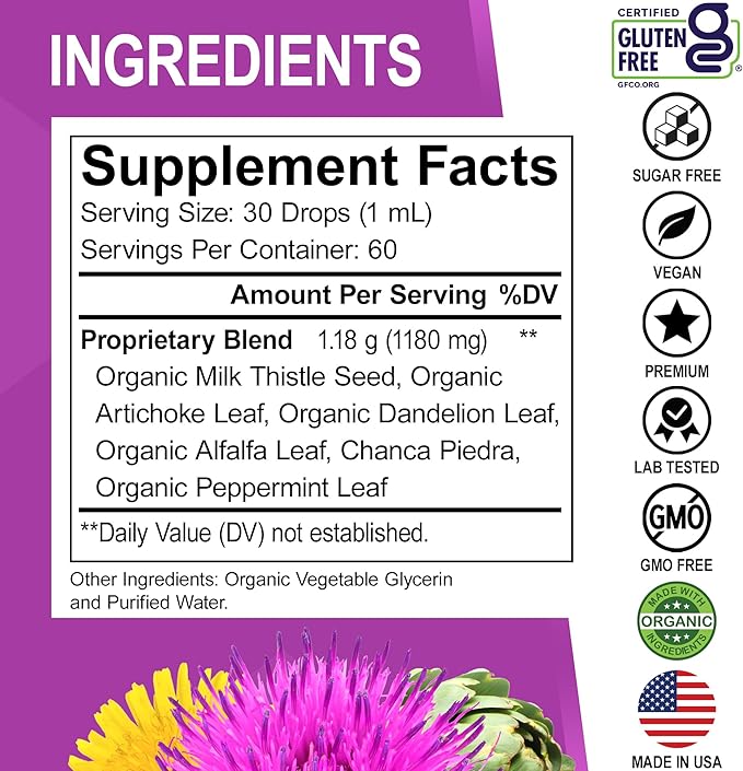 Liver Cleanse Detox & Repair Organic - Natural Liver Support Supplement Liquid Drops, Milk Thistle Dandelion, Chanca Piedra Extract, Artichoke - Gallbladder Health Formula Supplements Liquid Drops 2oz