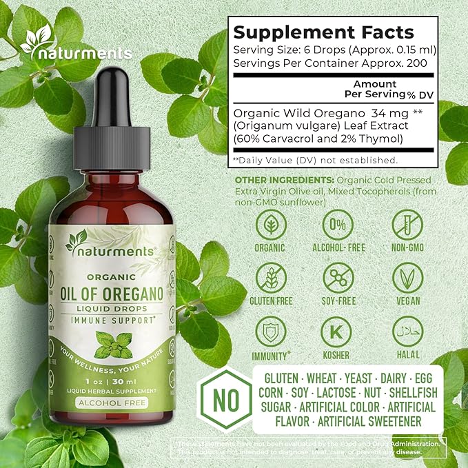 Naturments Oregano Oil Drops for Immune Support & Gut Health. Vegan, Non-GMO, Sugar Free & Gluten Free Organic Wild Mediterranean Oregano Oil with Organic Extra Virgin Olive Oil - 1 Fl Oz 30 Ml