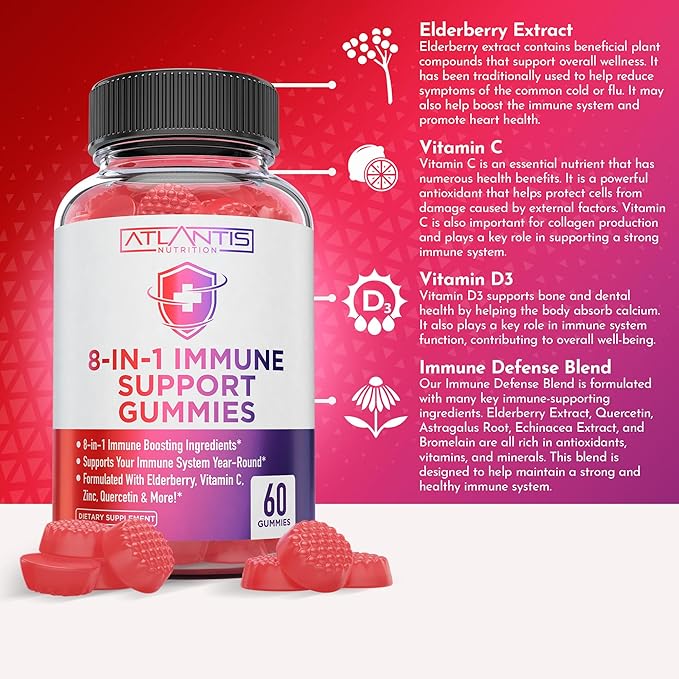 Atlantis Nutrition 8-in-1 Immune Support Gummies with Elderberry | Immune Supplement with Elderberry, Quercetin, Zinc, Vitamin C - Immunity Boosters for Adults & Kids - Delicious Flavor - 60 Count