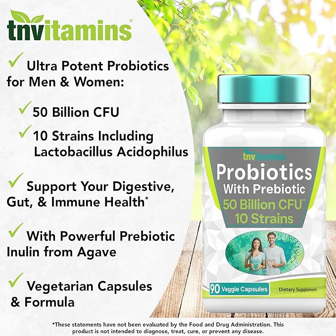 Probiotics with Prebiotic: 50 Billion CFU - 10 Strain - 90 Vegetarian Capsules | with Acidophilus Probiotic for Digestive Health, Gut Health, & Immune Support* | for Men & Women