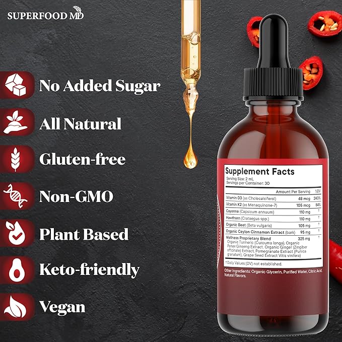 Cayenne Pepper Supplement Liquid Drops + Hawthorn Berry, Vitamin D3 K2 Beet Root Powder, Ceylon Cinnamon, Turmeric Curcumin, Organic Panax Ginseng - 2 OZ