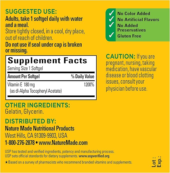 Nature Made Vitamin E 180 mg (400 IU) dl-Alpha, Dietary Supplement for Antioxidant Support, 100 Softgels, 100 Day Supply