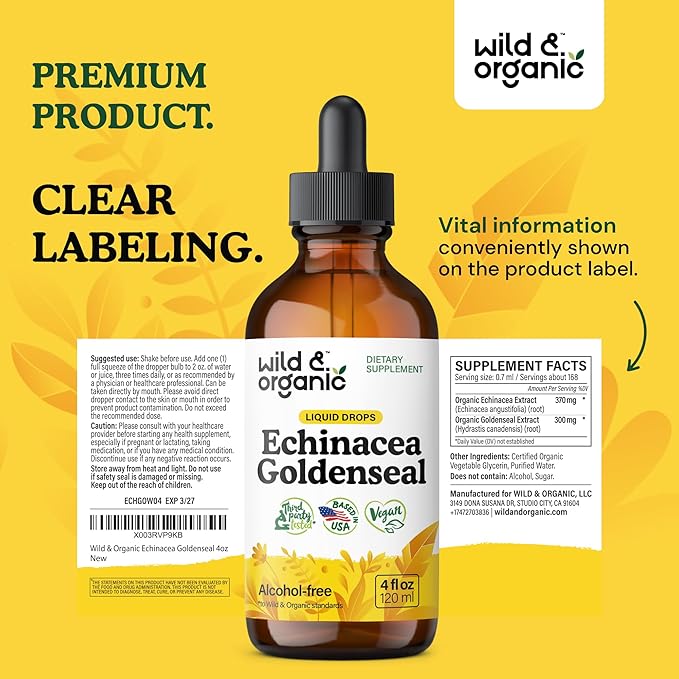 Wild & Organic Echinacea Goldenseal Tincture - Immune Support Drops with Echinacea and Goldenseal Root Extract - Vegan, Sugar & Alcohol-Free Liquid Supplement - 4 fl oz
