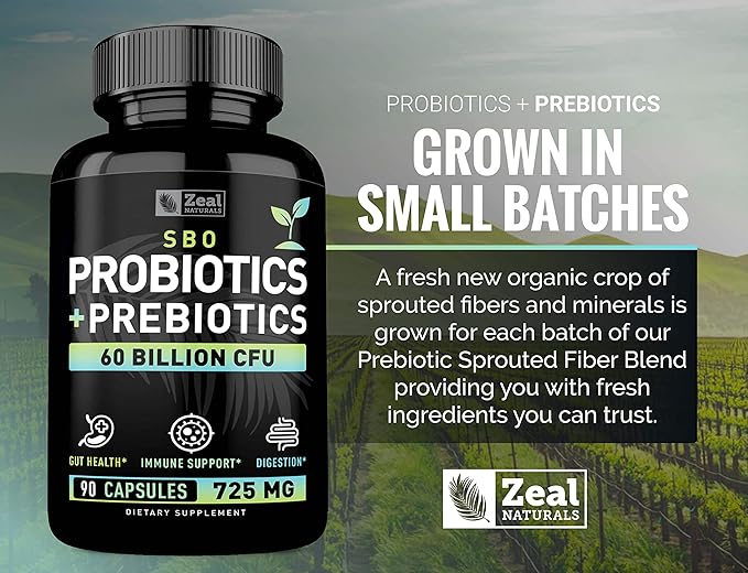 Probiotics and Prebiotics + SBO Probiotics (60 Billion CFU | 90 Capsules) Acidophilus Probiotic w. Saccharomyces Boulardii, Bifidobacterium + Spore Probiotic & Organic Sprouted Prebiotic Fiber Blend
