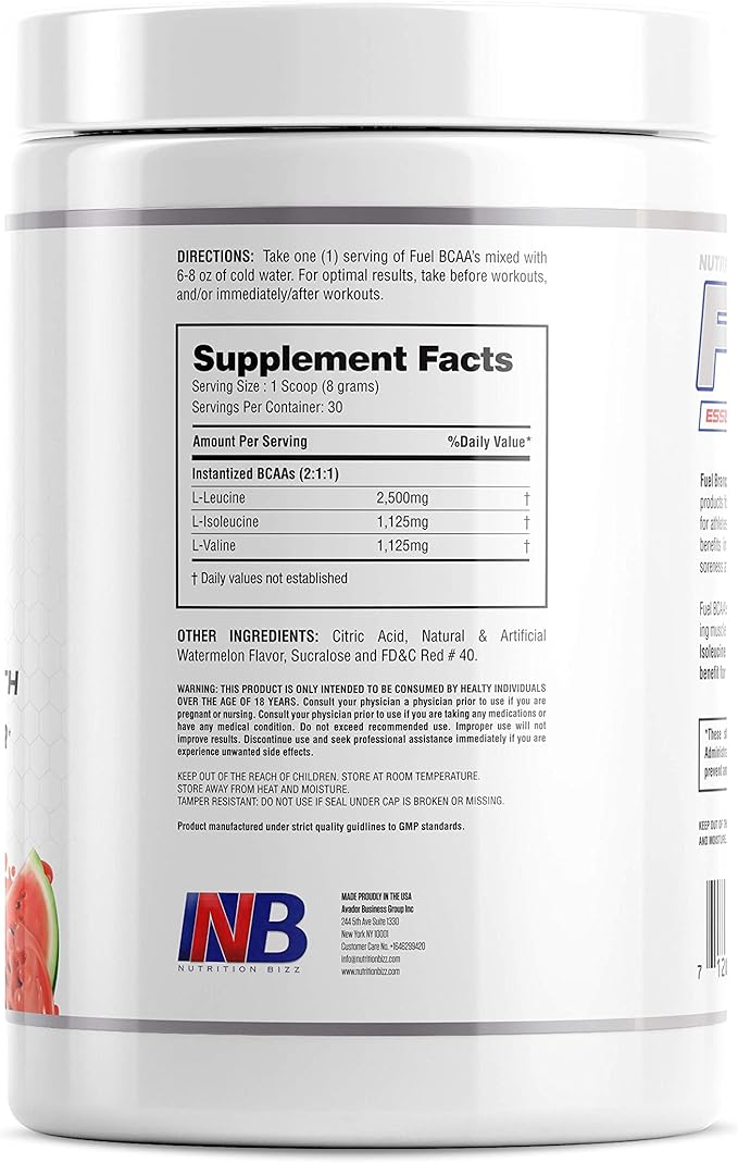 Fuel 2:1:1 BCAA Powder, 5 Grams of BCAAs Amino Acids, Post Workout Recovery Drink for Muscle Building, Recovery, and Endurance, 30 Servings (Watermelon)