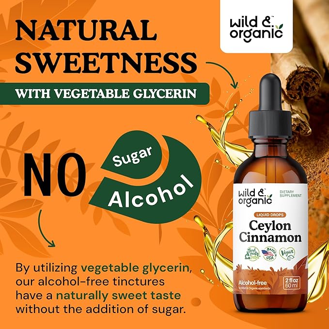 Wild & Organic Ceylon Cinnamon Extract Liquid Drops 500mg - Liquid Cinnamon Supplements for Overall Support - Cinnamomum Verum Bark Tincture - Vegan, Sugar & Alcohol-Free, Non-GMO - 2 fl oz