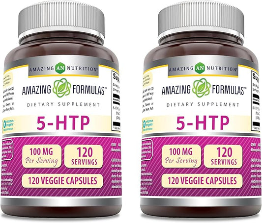 Amazing Formulas 5-HTP (Hydroxytryptophan) Supplement | 100 Mg Per Serving | Veggie Capsules | Non-GMO | Gluten Free | Made in USA (2 Pack, 120 Count)