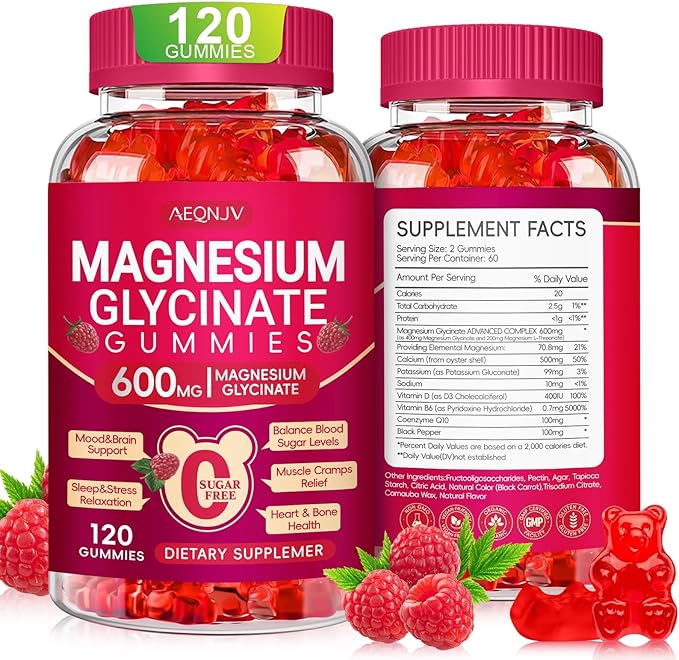 Magnesium Glycinate Gummies 600mg, Sugar Free Magnesium Gummies for Adults with Magnesium L-Threonate, Chewable Magnesium Potassium Supplements for Sleep, Body Support and Relaxation, 120 Count