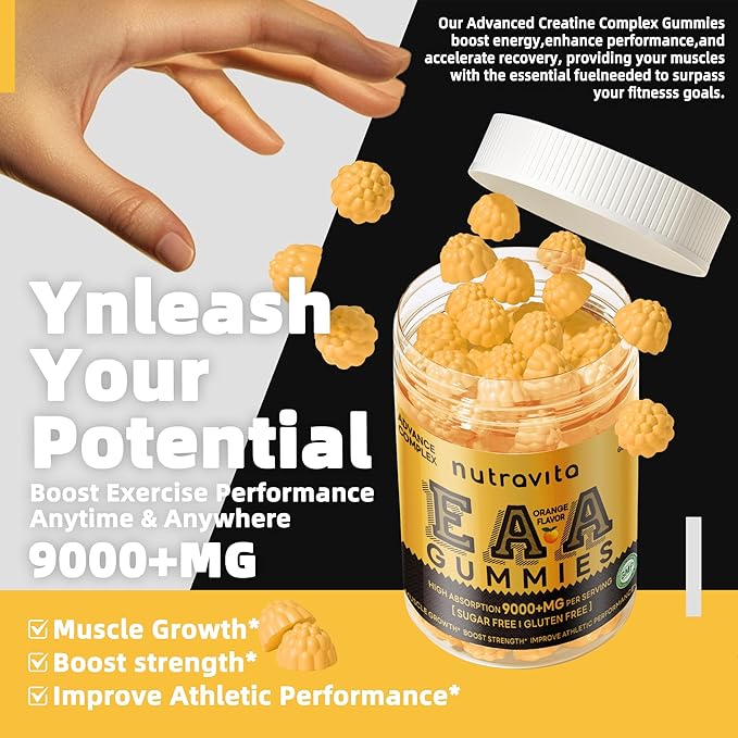 EAA Gummies 120 Gummies (Orange), Essential Amino Acids - All 9 Essential Aminos (EAA) and All Branched-Chain Aminos (BCAAs), Non-GMO, Gluten Free, Vegetarian Friendly