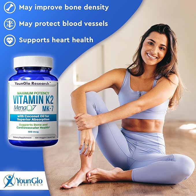 Vitamin K2 MK7 (MenaQ7) 100 mcg w/Coconut Oil for Superior Absorption, Dietary Health Supplement, 120 Vegan Liquid Capsules to Support Bone Strength & Density for Adults Women & Men