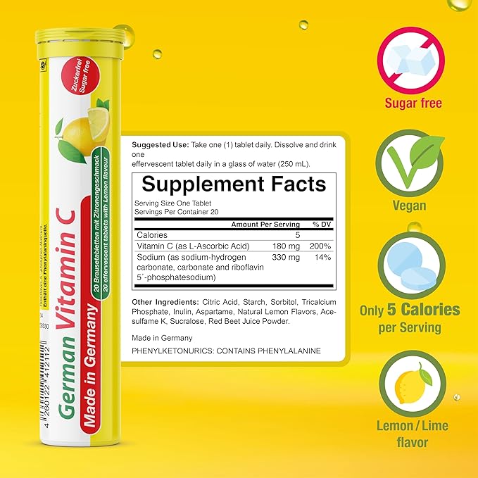 T&D German Vitamin C 180 mg - 140 Vegan Drink Effervescent Tablets - Lemon Lime Flavor - Made in Germany