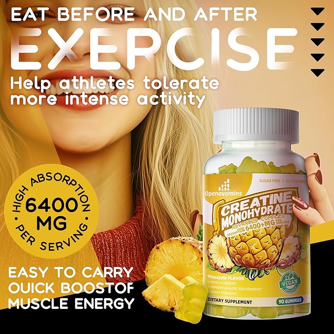 Creatine Monohydrate Gummies Complex for Men & Women -Advanced Formula W/L-Taurine + Vitamin B12, Sugar Free Chewable Supplement,90 Pineapple Gummies