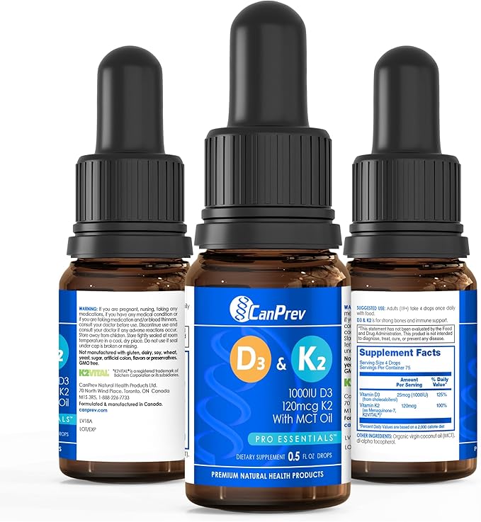 CanPrev D3 & K2 Drops - MCT Oil Base, 15ml Liquid Vitamin Supplement, 450 Drops with 250IU D3 & 30mcg MK-7 K2, Supports Strong Bones & Teeth, Easy-to-Take Formula, Free from Gluten, Dairy, Soy & Sugar