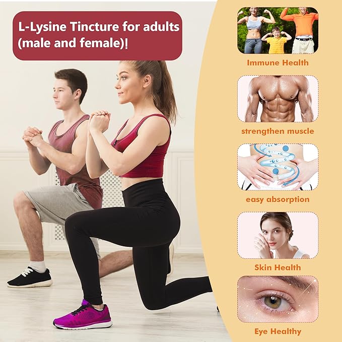 L-Lysine Supplement Liquid Drops | L-Lysine 1000mg Tincture with Vitamin A, C, and B12 for Adults & Kids | Immune Support, Skin & Lips Health, Collagen Synthesis | Non-GMO, Vegan, 2 Fl Oz (60 ML)