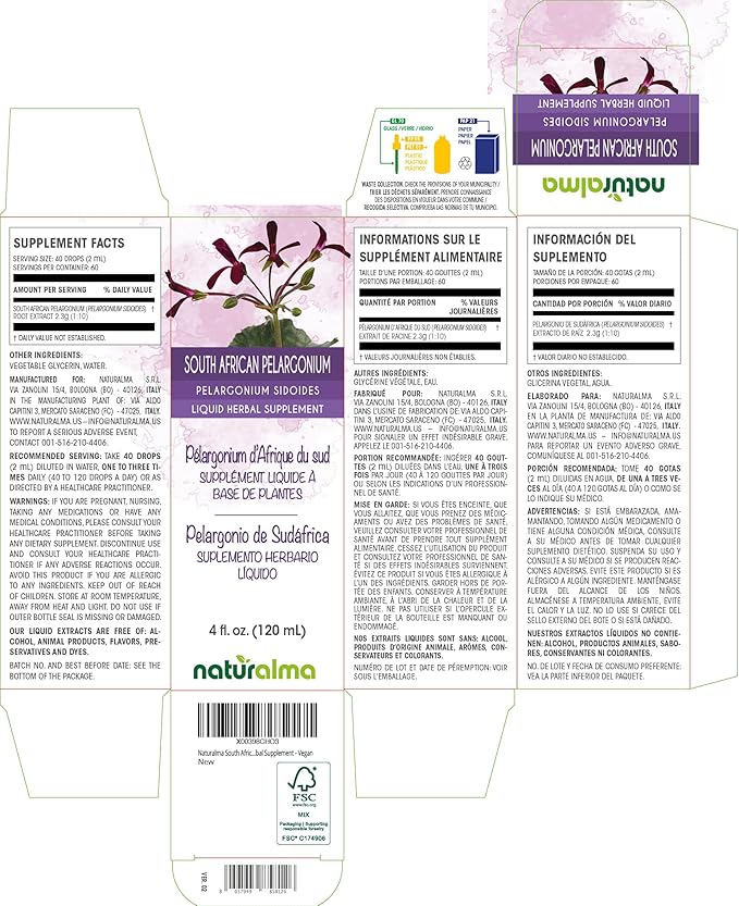 Naturalma South African Pelargonium or Umckaloaba (Pelargonium sidoides) Root Alcohol-Free Tincture - 4 fl oz Liquid Extract in Drops - Herbal Supplement - Vegan