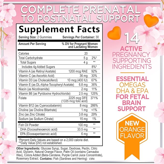 Prenatal Vitamins for Women with DHA & Folic Acid - Best Prenatal Multivitamin Gummies for Women, Brain Development Support, Folate, Vitamin C, D3 & B12, Pre Natal Pregnancy Supplement - 60 Gummies
