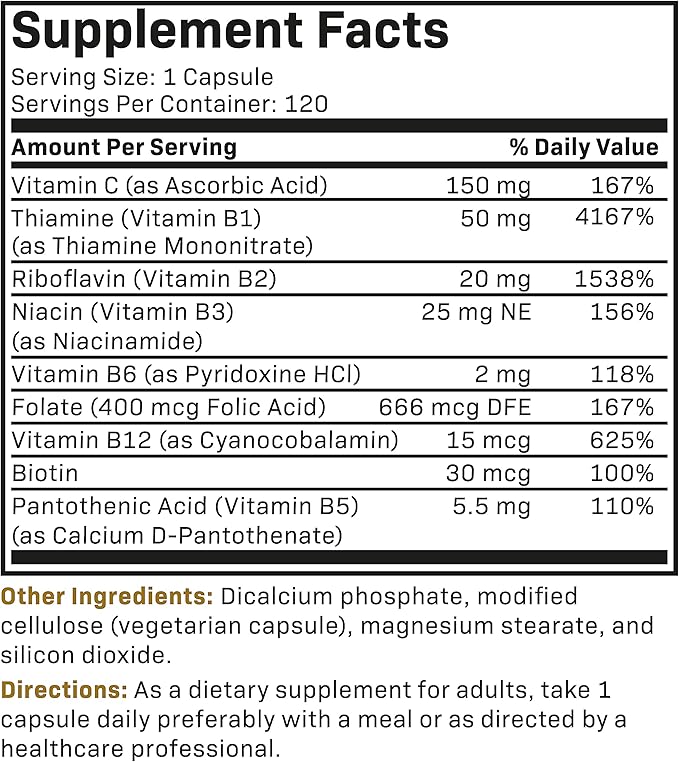 Futurebiotics Vitamin B Complex with Vitamin C Supports Energy Production, Nervous System & Immune Support - Non-GMO, 120 Vegetarian Capsules