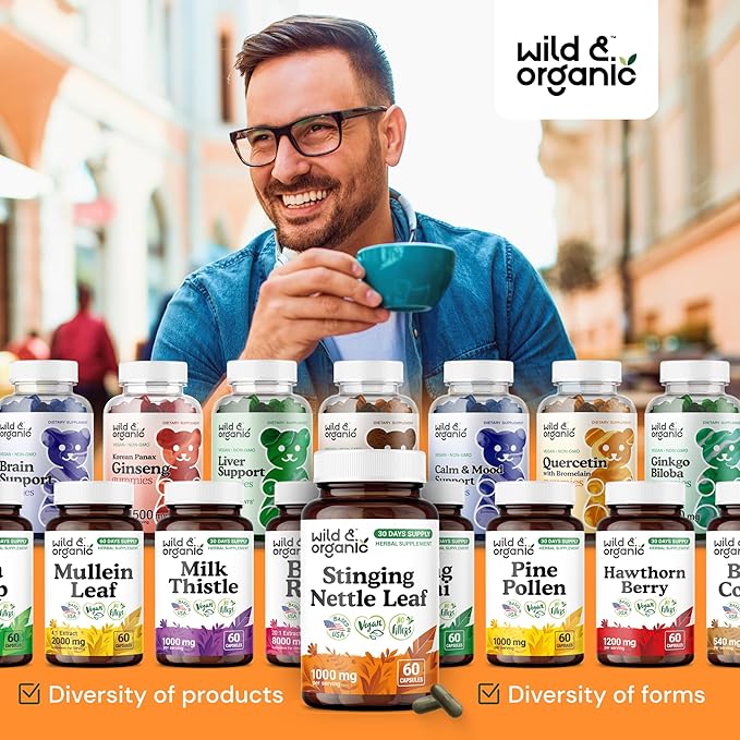 Wild & Organic Stinging Nettle Leaf Capsules - 1000 mg Stinging Nettle Extract for Urinary Support - 60 Vegan Herb Capsules - 30 Days Supply - Non-GMO, Gluten-Free, No Fillers