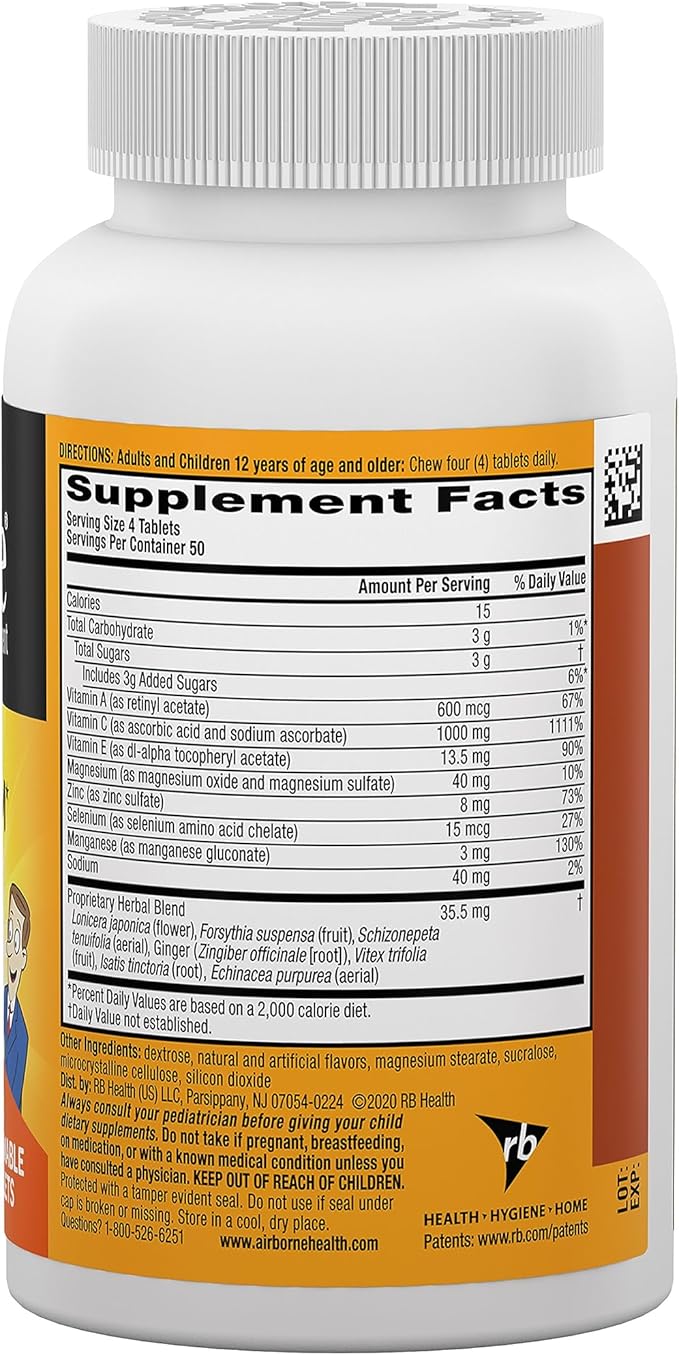 Airborne 1000mg Chewable Tablets with Zinc, Immune Support Supplement with Powerful Antioxidants Vitamins A C & E - 200 Tablets, Citrus Flavor