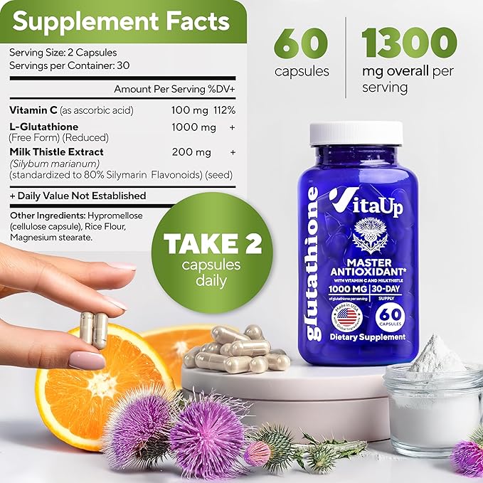 Reduced Glutathione Supplement 1000mg - USA Made Glutathione Capsules with Vitamin C & Milk Thistle for Liver Care, Skin Support & Immune Well-Being - 60 Count