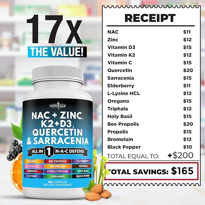NEW AGE NAC Supplement N-Acetyl Cysteine- with Vitamin D3, K2, Zinc, Quercetin, Triphala, Sarracenia Purpurea, Elderberry, Holy Basil, Bee Propolis, Bromelain, L-Lysine - 120 Count