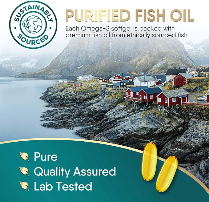 Triple Strength Omega 3 Fish Oil Supplement, EPA & DHA Fish Oil Omega 3 Essential Fatty Acids Supplement Softgels, 2400 mg Brain & Heart Health Support Supplements, Gluten Free, Non-GMO, 120 Softgels