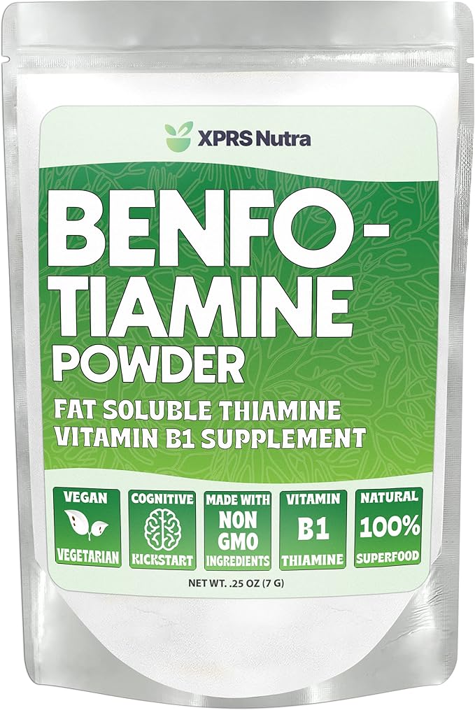 XPRS Nutra Benfotiamine Powder (Thiamine) - Fat Soluble Happy Heart Thiamine Supplement - Advanced Vitamin B1 Benfotiamine for a Cognitive Boost - Vegan Friendly Benfotamine Powder
(.25 Ounce)