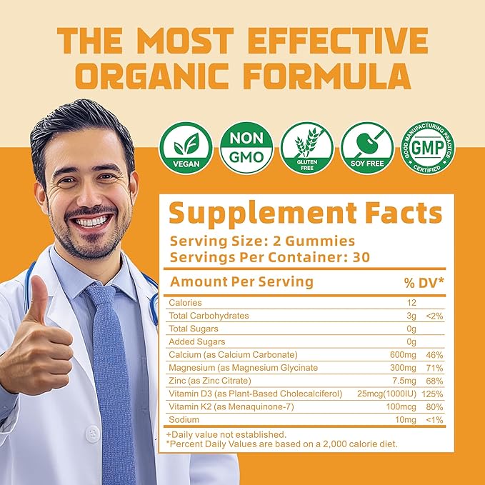 Calcium Magnesium Zinc Gummies with Vitamin D3 & K2 - High Potency Enhanced Absorption -60 Orange Gummies Flavored.
