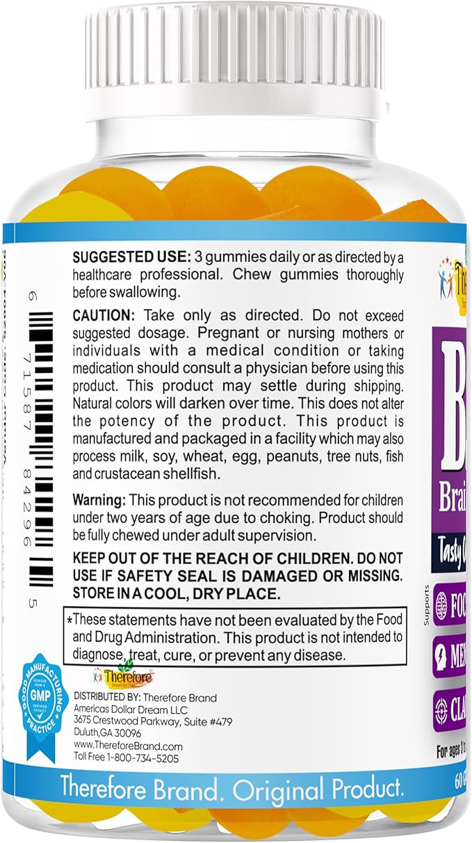 Therefore Kids Brain Booster Supplement Omega 3 for Kids & Teens, Focus Gummies Support Mental Clarity, Attention Concentration, Brain Supplements for Memory and Focus, Fruity Flavor 60 Gummy