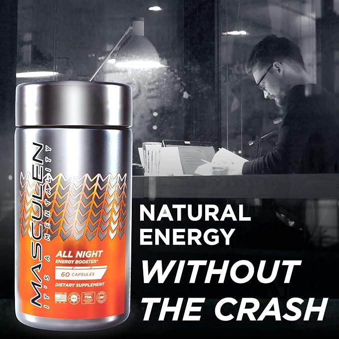 All Night Energy Supplements for Men | Energy Booster to Support Extra Energy & Fine-Tuned Focus When Your Energy Drops | Plant-Based and All-Natural | 60 Supplement Capsules One Month Supply