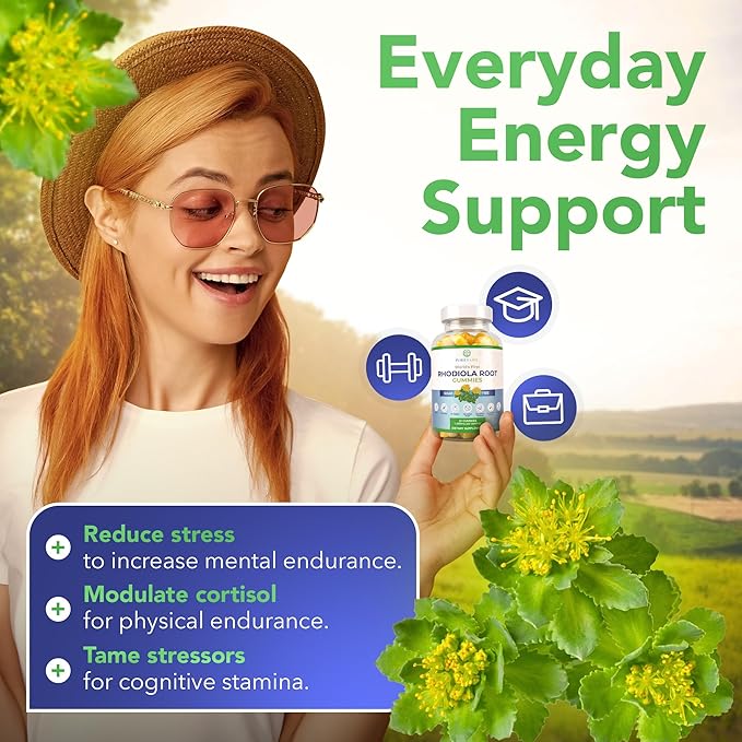 Purify Life Sugar-Free Rhodiola Rosea Gummies (1500mg/Serving) Cortisol Detox & Adrenal Support Supplement - Adaptogenic Rhodiola for Mood, Motivation, Stamina & Performance, Non-GMO, 60 Vegan Chews