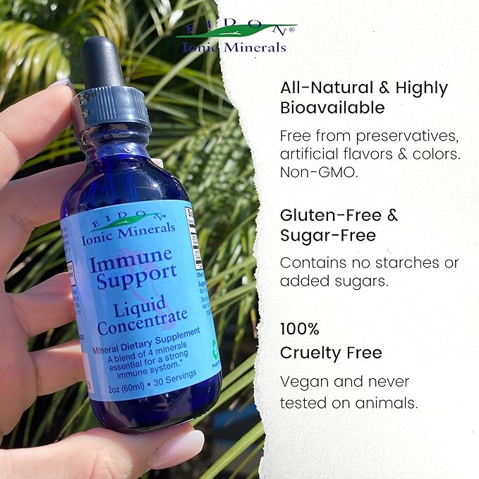 Eidon Ionic Minerals Immune Support Supplement Liquid Concentrate - Immune Booster Mineral Drops with Zinc, Selenium, Sulfur, Support & Maintain Immune System, Bioavailable, No Preservatives - 2 oz