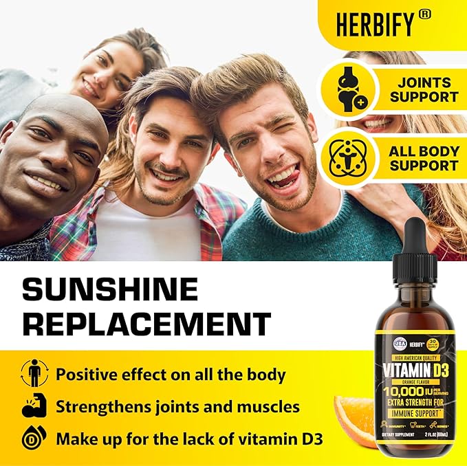 HERBIFY Vitamin D3 10000 IU - Made in USA Liquid Vitamin D Drops - Bone Strength and Immune Support Supplement - Sunshine Replacement - D3 Vitamin Bone and Teeth Supplement - 2 Oz