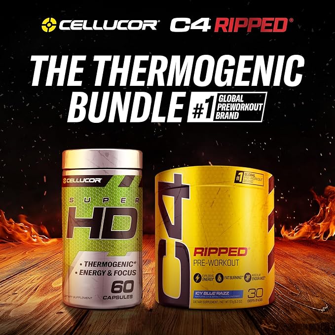 C4 Ripped & SuperHD, The Thermogenic Bundle, C4 Ripped Pre Workout Powder, ICY Blue Razz 30 Servings + SuperHD with Capsimax and Green Tea Extract, 60 Servings