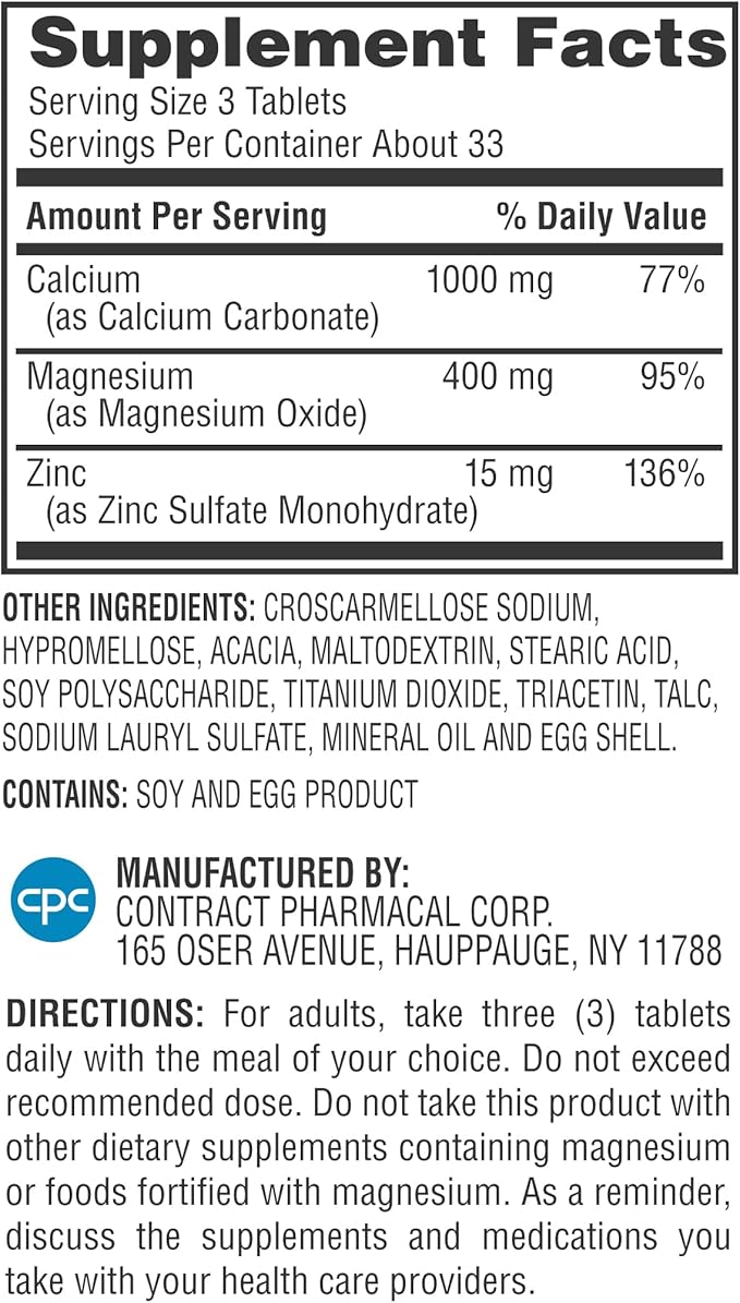Earth's Splendor 1000 mg Calcium, 400 mg Magnesium, and 15 mg Zinc, Heart and Immune System Health, Bone and Muscle Support Dietary Supplement, 100 Tablets 1 + Month Supply