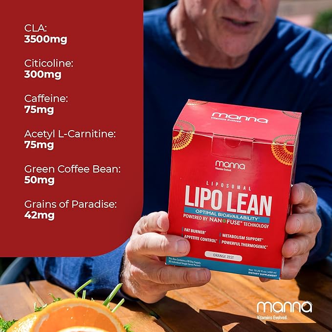 Manna Liposomal Lipo Lean – Thermogenic Fat Burner & Appetite Suppressant – Weight Loss Support for Women & Men – Liposomal Absorption CLA, Carnitine, Green Tea, 30 Single-Serve Packets