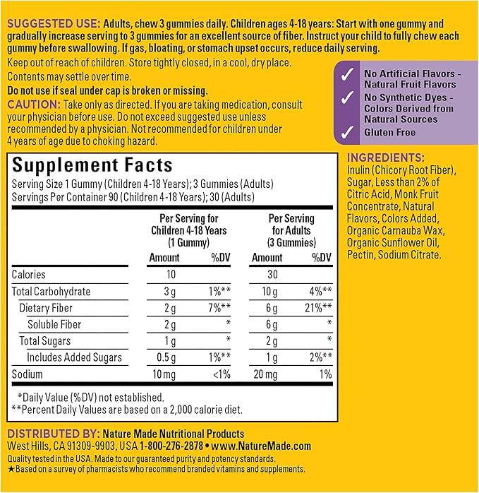 Nature Made Prebiotic Fiber Gummies for Adults and Kids, Fiber Supplement for Digestive System Support, 90 Gummies