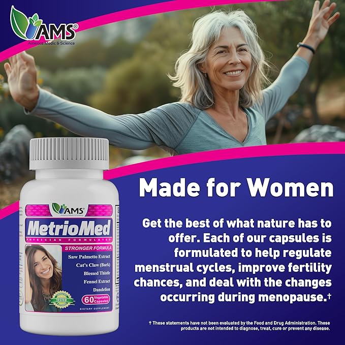 America Medic & Science MetrioMed 60 Capsules | Fertility Supplement for Women | Organic Pills with Black Cohosh, Chasteberry and Red Clover Herbs