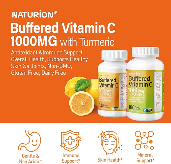 Buffered Vitamin C 1000 mg with Organic Turmeric - Antioxidant & Immune Support - Healthy Skin & Joints - Gluten & Dairy Free - 120 Vegan Capsules, 120 Day Supply