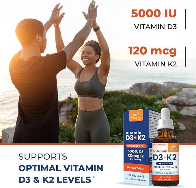 Sandhu's Vitamin d Drops for Adults | 5000 IU D3 Liquid, 120mcg K2 Supplement | D3K2 Supports Immune & Bone Health | Vitamin D3 K2 Drops for Faster Absorption | 1 Fl Oz
