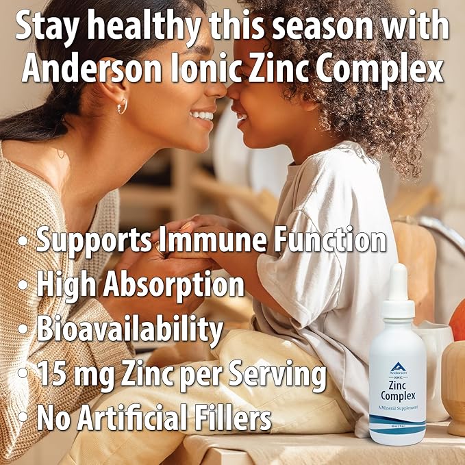 Anderson Ionic Zinc Complex, Liquid Drops for Immune Support, 15mg Zinc Sulfate per Serving, Balanced Trace Mineral Dietary Supplement for Women, Men, 60 Servings, 2oz Bottle
