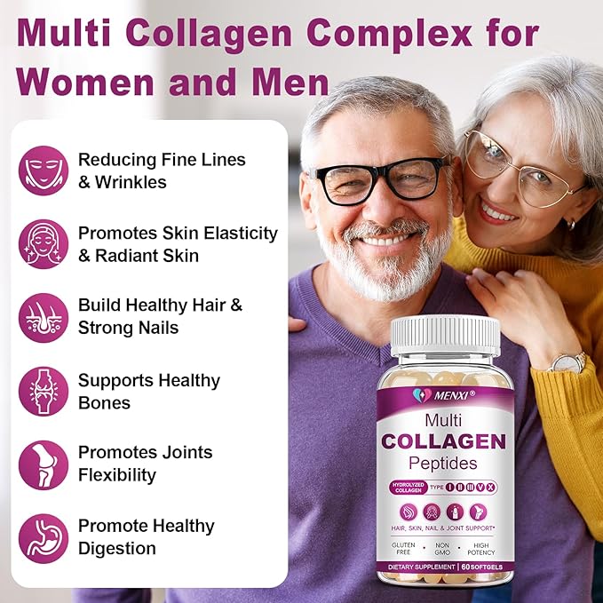 Multi Collagen Peptides Softgel for Women & Men - Type I, II, III, V, X - Hydrolyzed Collagen Peptides with Biotin, Vitamin C & Hyaluronic Acid - Support Skin Hair Nail & Joint - Non GMO, 120 Softgel